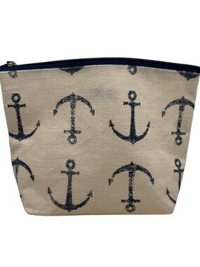 Nautical Anchor Print Canvas Cosmetic Bag | Navy & Beige Zipper Pouch